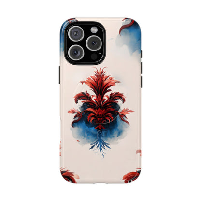 Crimson Plume iPhone 16 Pro Max MagSafe case featuring an elegant red damask floral motif with deep blue watercolor accents on a soft neutral background.