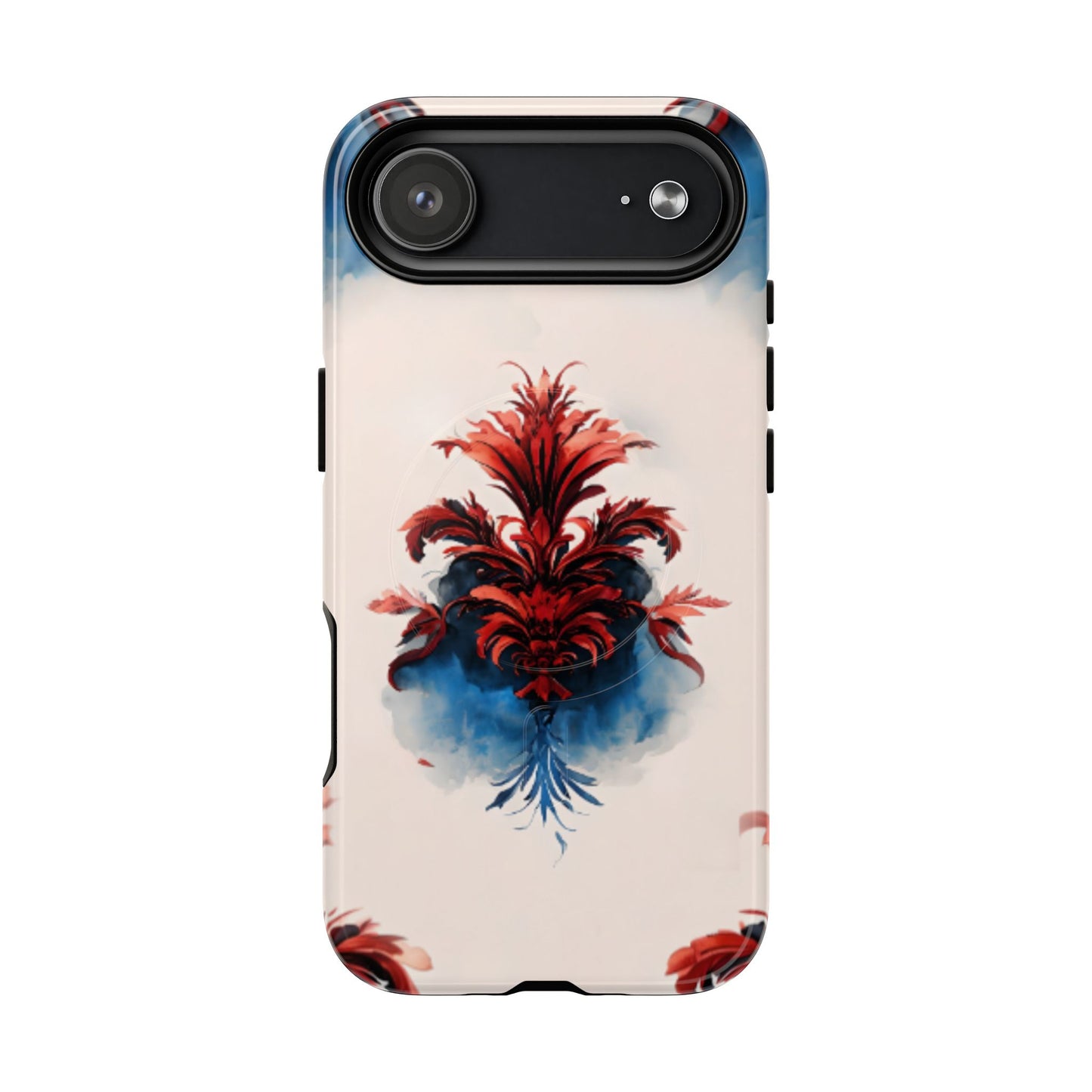 Crimson Plume iPhone 17 Air MagSafe case featuring an elegant red damask floral motif with deep blue watercolor accents on a soft neutral background.