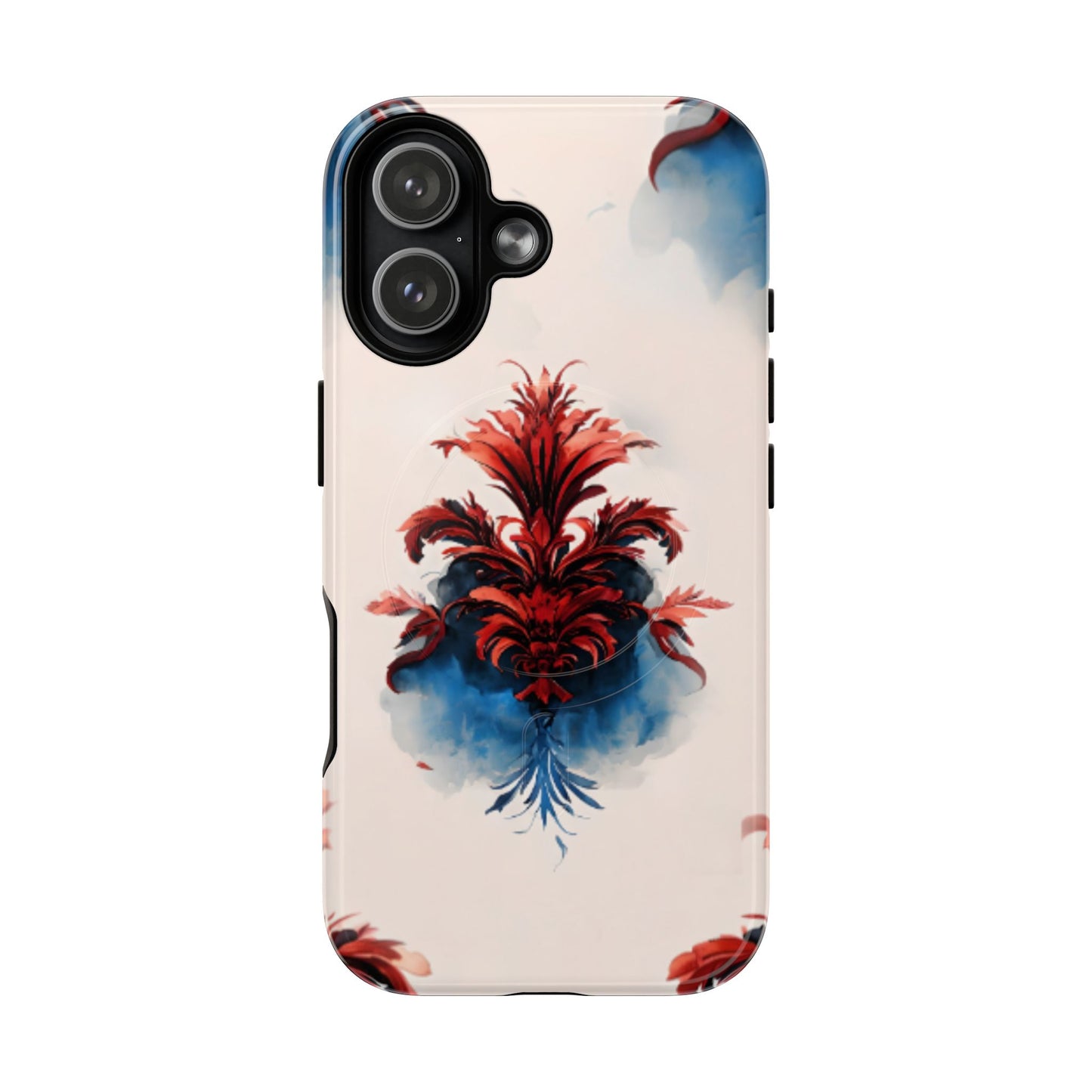 Crimson Plume iPhone 17 MagSafe case featuring an elegant red damask floral motif with deep blue watercolor accents on a soft neutral background.