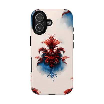 Crimson Plume iPhone 17 MagSafe case featuring an elegant red damask floral motif with deep blue watercolor accents on a soft neutral background.