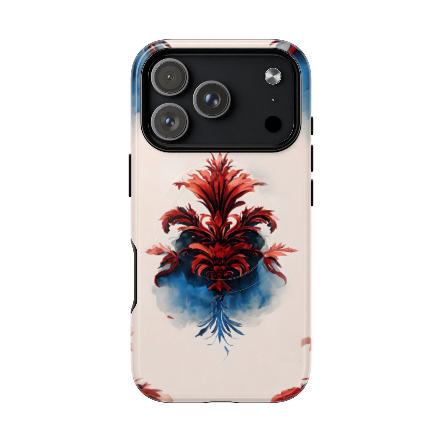 Crimson Plume iPhone 17 Pro MagSafe case featuring an elegant red damask floral motif with deep blue watercolor accents on a soft neutral background.