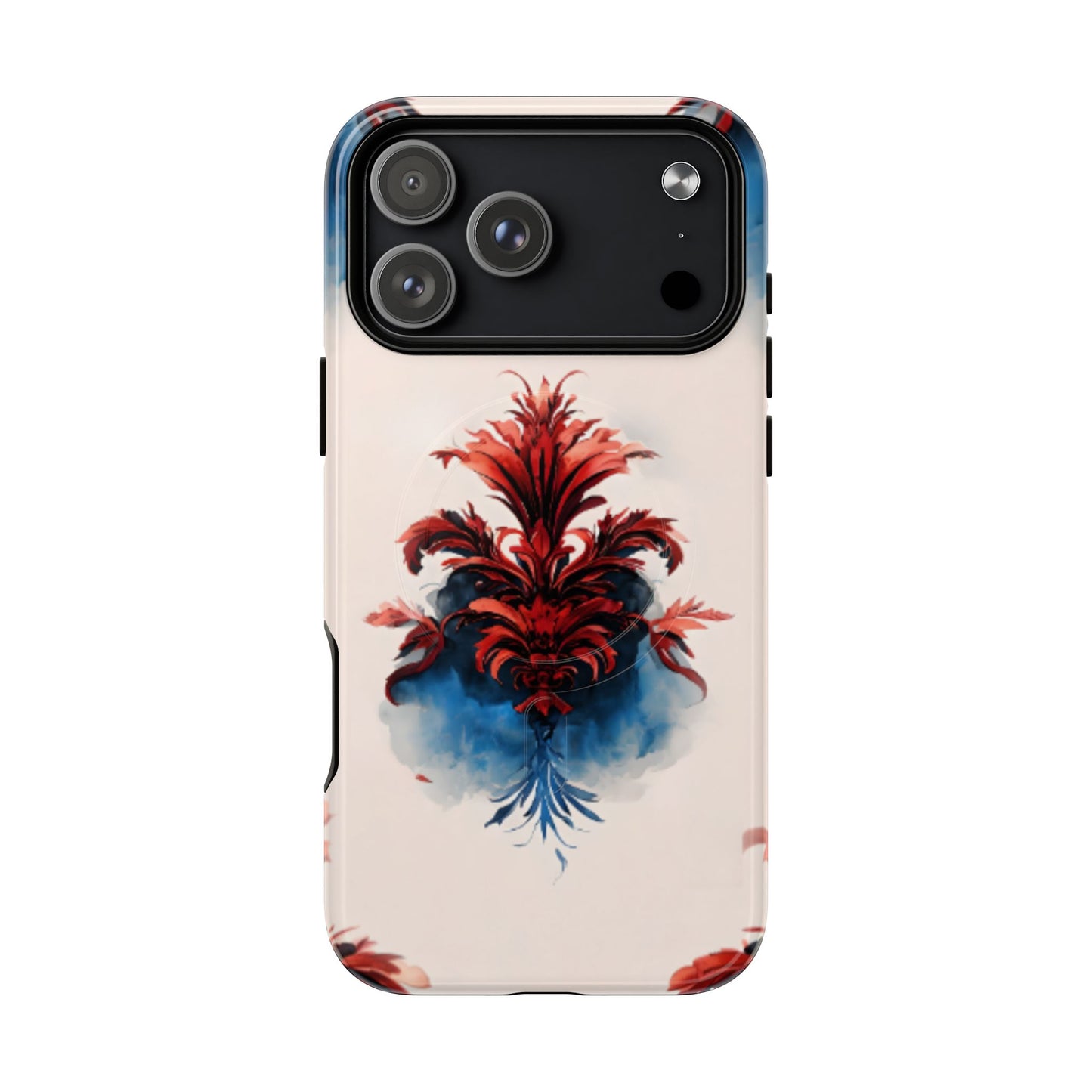 Crimson Plume iPhone 17 Pro Max MagSafe case featuring an elegant red damask floral motif with deep blue watercolor accents on a soft neutral background.