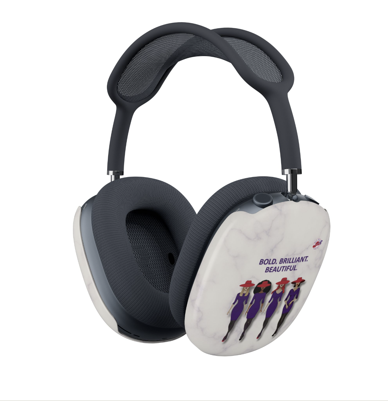 Red Hat Society Bold. Brilliant. Beautiful. AirPods Max covers shown on dark blue AirPods Max headphones.