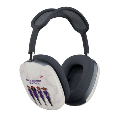 Side view of Red Hat Society Bold. Brilliant. Beautiful. AirPods Max covers on dark blue AirPods Max headphones.