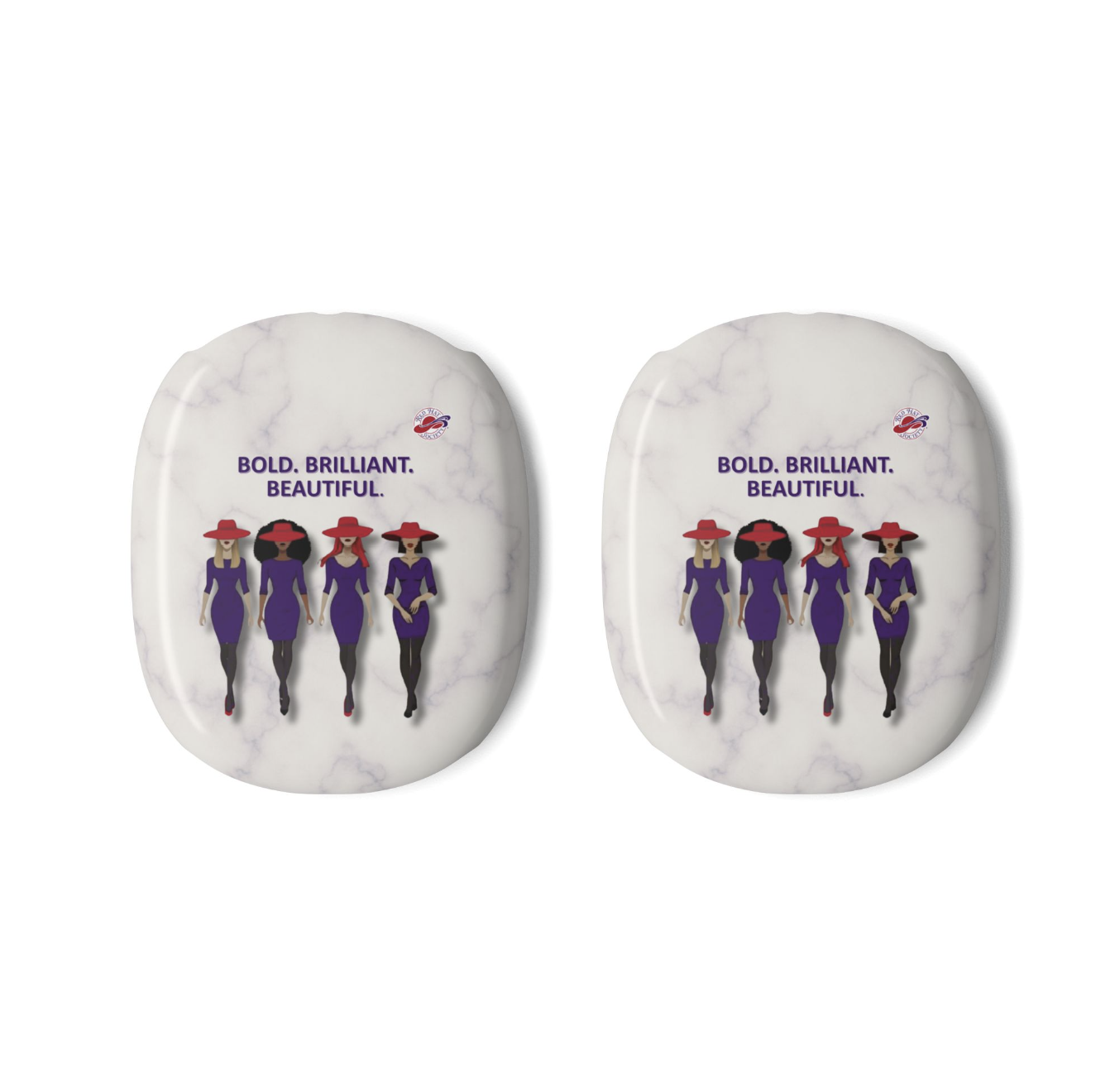 Red Hat Society Bold. Brilliant. Beautiful. AirPods Max covers featuring four stylish women wearing red hats and purple dresses.