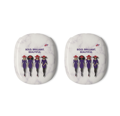 Red Hat Society Bold. Brilliant. Beautiful. AirPods Max covers featuring four stylish women wearing red hats and purple dresses.