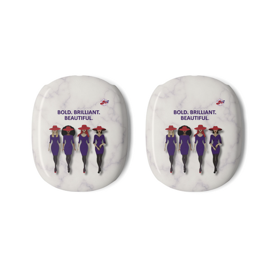 Red Hat Society Bold. Brilliant. Beautiful. AirPods Max covers featuring four stylish women wearing red hats and purple dresses.