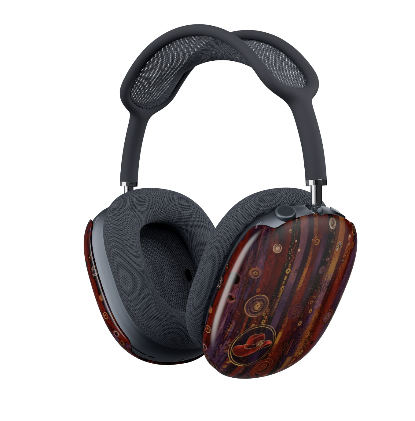 Over-ear headphones with dark blue padded ear cushions and headband, featuring Red Hat Society Celebration Mosaic covers.
