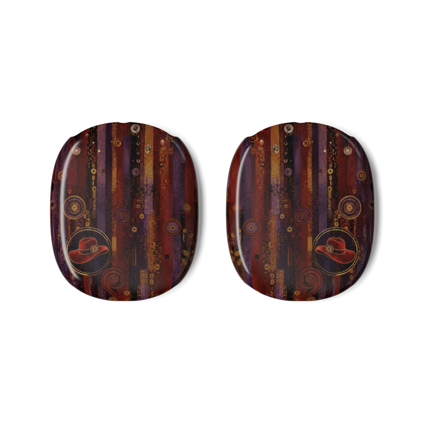 Red Hat Society Celebration Mosaic AirPods Max covers with red, purple and gold mosaic-inspired design including a red hat.