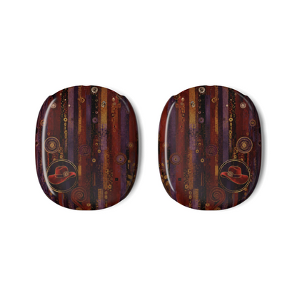 Red Hat Society Celebration Mosaic AirPods Max covers with red, purple and gold mosaic-inspired design including a red hat.