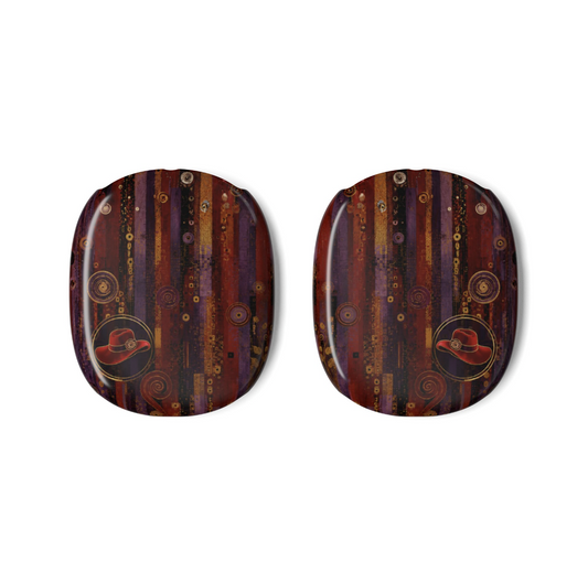 Red Hat Society Celebration Mosaic AirPods Max covers with red, purple and gold mosaic-inspired design including a red hat.