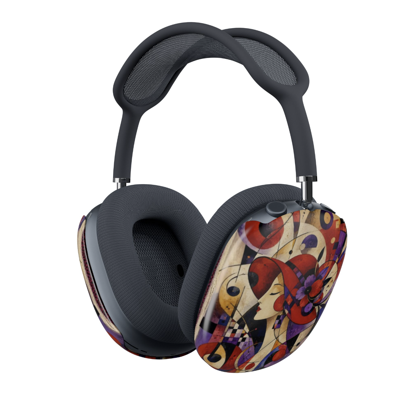 Red Hat Society AirPods Max headphones with dark blue padded headband and ear cushions, featuring a covers with a colorful abstract art print on the outer ear cups, shown on a plain white background.