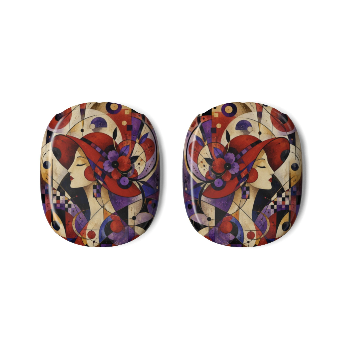 A pair of oval-shaped AirPods Max Covers for Red Hat Society members featuring a colorful Art Deco style design with stylized faces, red hats, and geometric shapes on a cream background.