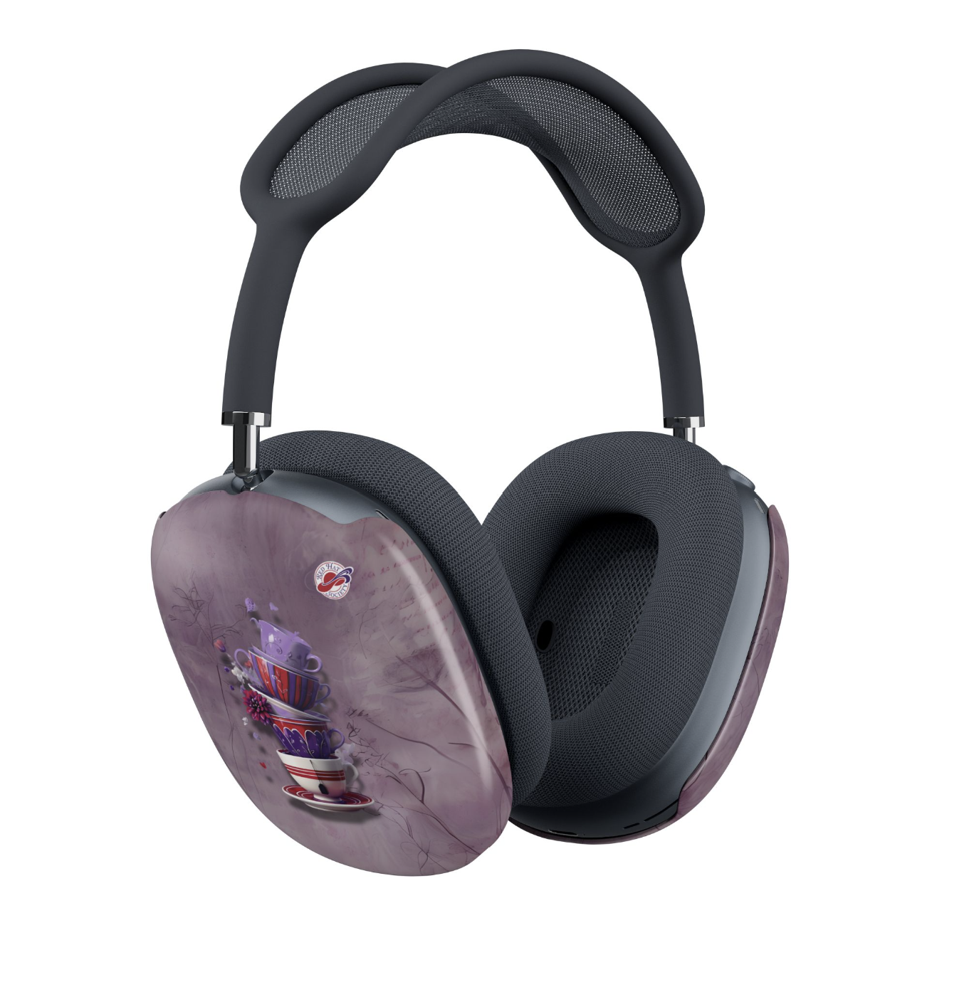 A pair of over-ear headphones with dark blue mesh and cushioned ear pads, featuring decorative purple marbled covers on the outer cup with a small red, white, and purple graphic.