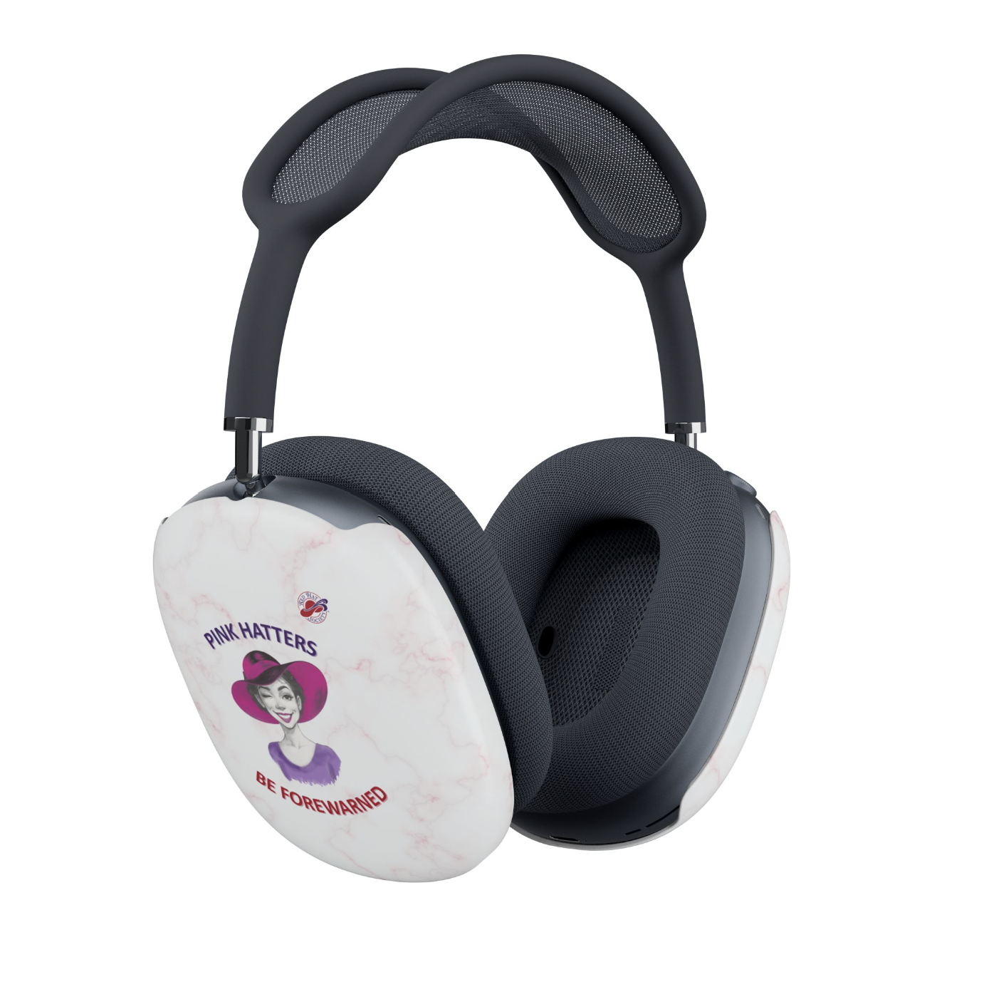 A pair of over-ear headphones with dark blue mesh and cushioned ear pads, featuring a white marble-patterned left ear cup cover printed with the text 'PINK HATTERS' and 'BE FOREWARNED' alongside a Red Hat Society Logo.