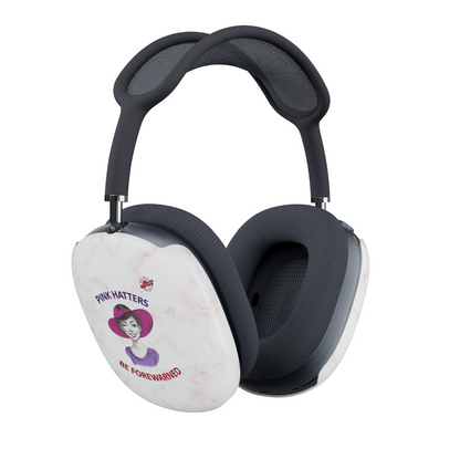 A pair of over-ear headphones with dark blue mesh and cushioned ear pads, featuring a white marble-patterned left ear cup cover printed with the text 'PINK HATTERS' and 'BE FOREWARNED' alongside a Red Hat Society Logo.