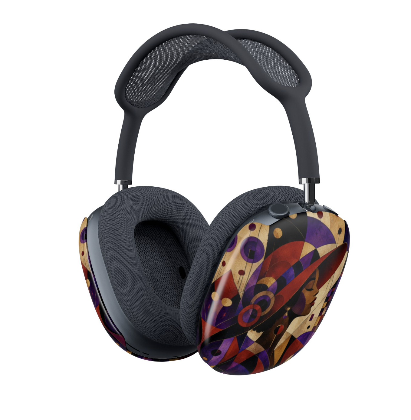 Red Hat Society AirPods Max Covers featuring arful abstract geometric red and purple pattern on the outer ear cups.