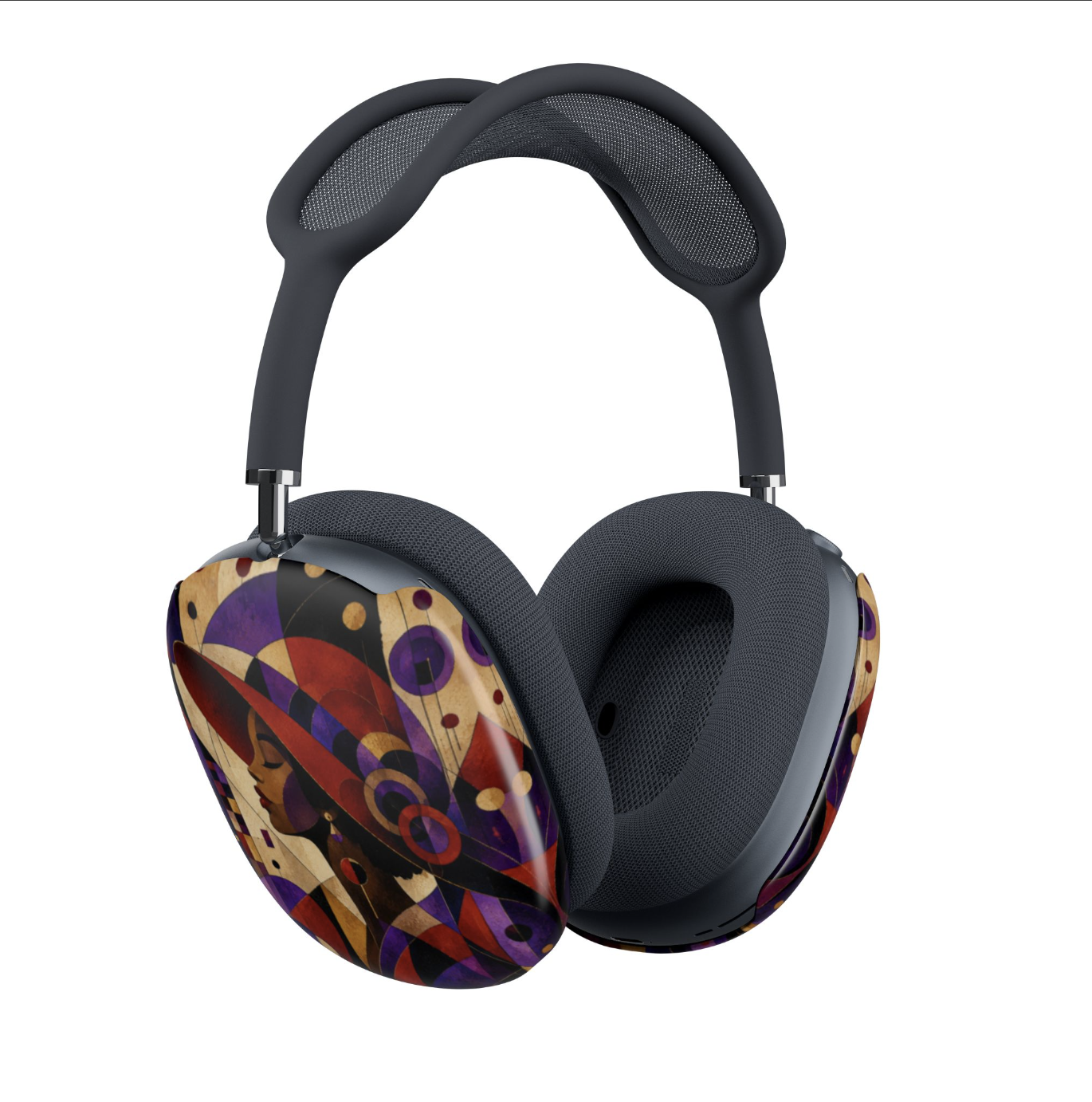 Red hat Society AirPods Max headphones with dark blue padded headband and ear cushions, featuring covers with a colorful abstract geometric pattern.