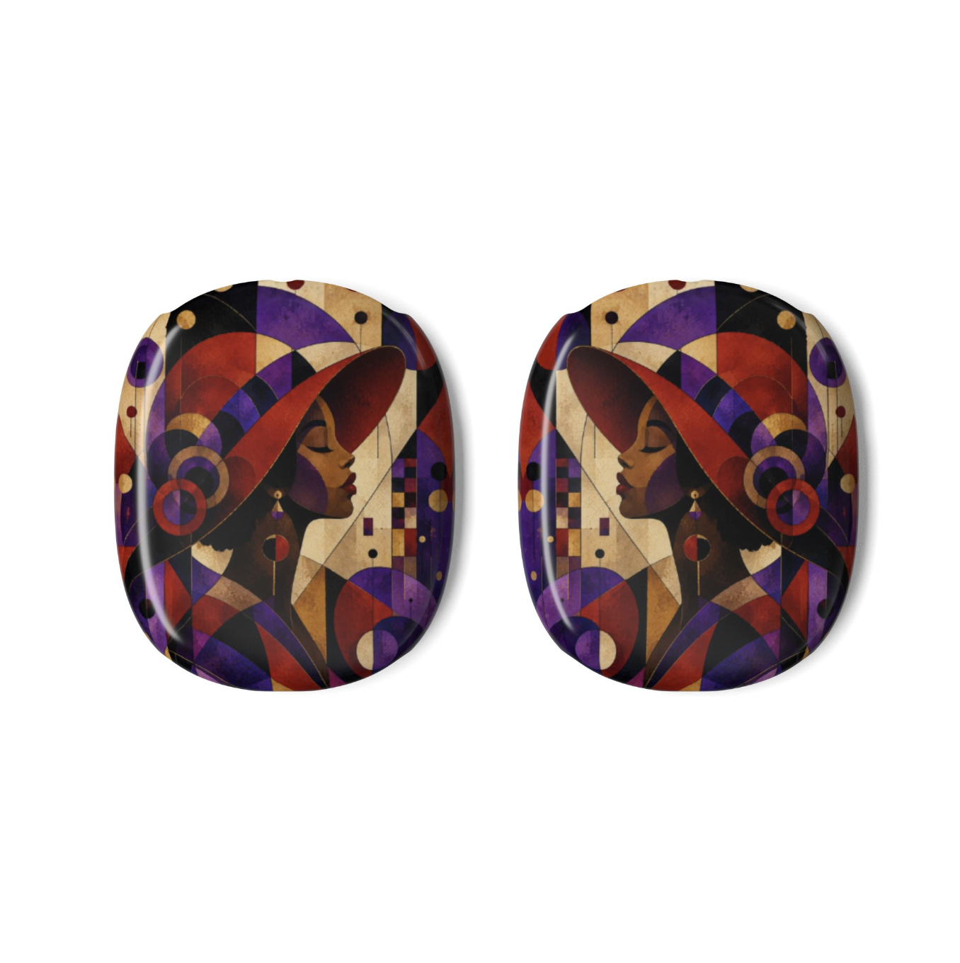A pair of oval-shaped AirPods Max Covers for Red Hatters featuring a modern geometric art print an elegant woman in profile with a red hat, decorated with red, purple, black, and beige shapes, shown on a plain white background.