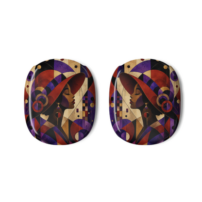 A pair of oval-shaped AirPods Max Covers for Red Hatters featuring a modern geometric art print an elegant woman in profile with a red hat, decorated with red, purple, black, and beige shapes, shown on a plain white background.