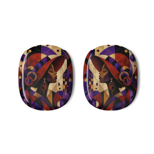 A pair of oval-shaped AirPods Max Covers for Red Hatters featuring a modern geometric art print an elegant woman in profile with a red hat, decorated with red, purple, black, and beige shapes, shown on a plain white background.