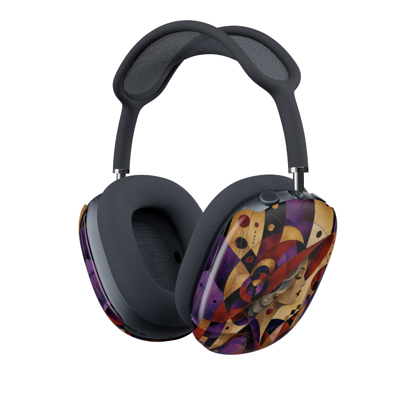 Over-ear headphones with dark blue padded headband and ear cushions, featuring covers for Red Hat Society with a colorful abstract geometric pattern.