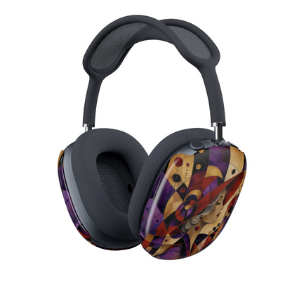 Over-ear headphones with dark blue padded headband and ear cushions, featuring covers for Red Hat Society with a colorful abstract geometric pattern.