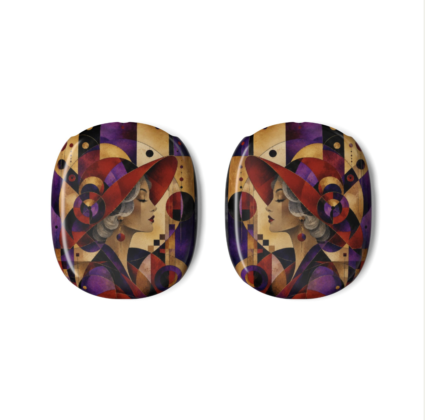 A pair of Red Hat Society AirPods Max Covers featuring a colorful Art Deco style illustration of a woman in profile, in a red hat set against a plain white background.