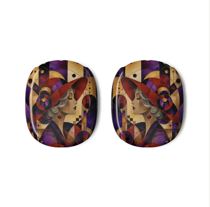 A pair of Red Hat Society AirPods Max Covers featuring a colorful Art Deco style illustration of a woman in profile, in a red hat set against a plain white background.