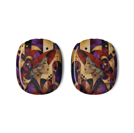 A pair of Red Hat Society AirPods Max Covers featuring a colorful Art Deco style illustration of a woman in profile, in a red hat set against a plain white background.