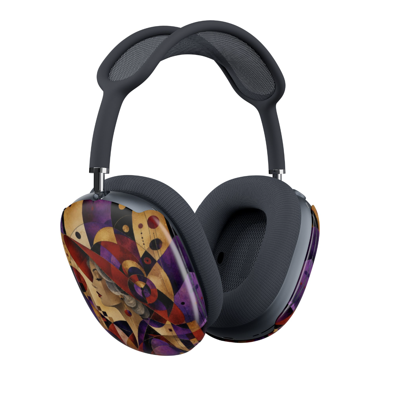 A pair of AirPods Max headphones with dark blue padded ear cushions and headband, featuring a covers that show a colorful red and purple abstract geometric pattern and a woman in a red hat.