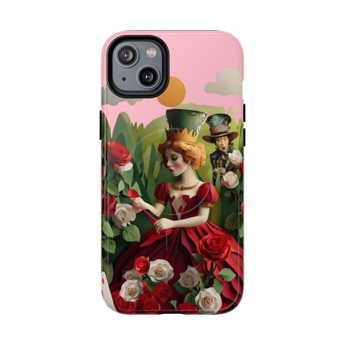 Regal Rose Court iPhone 14 Plus MagSafe case featuring a queen in a red rose garden with whimsical storybook fantasy elements.