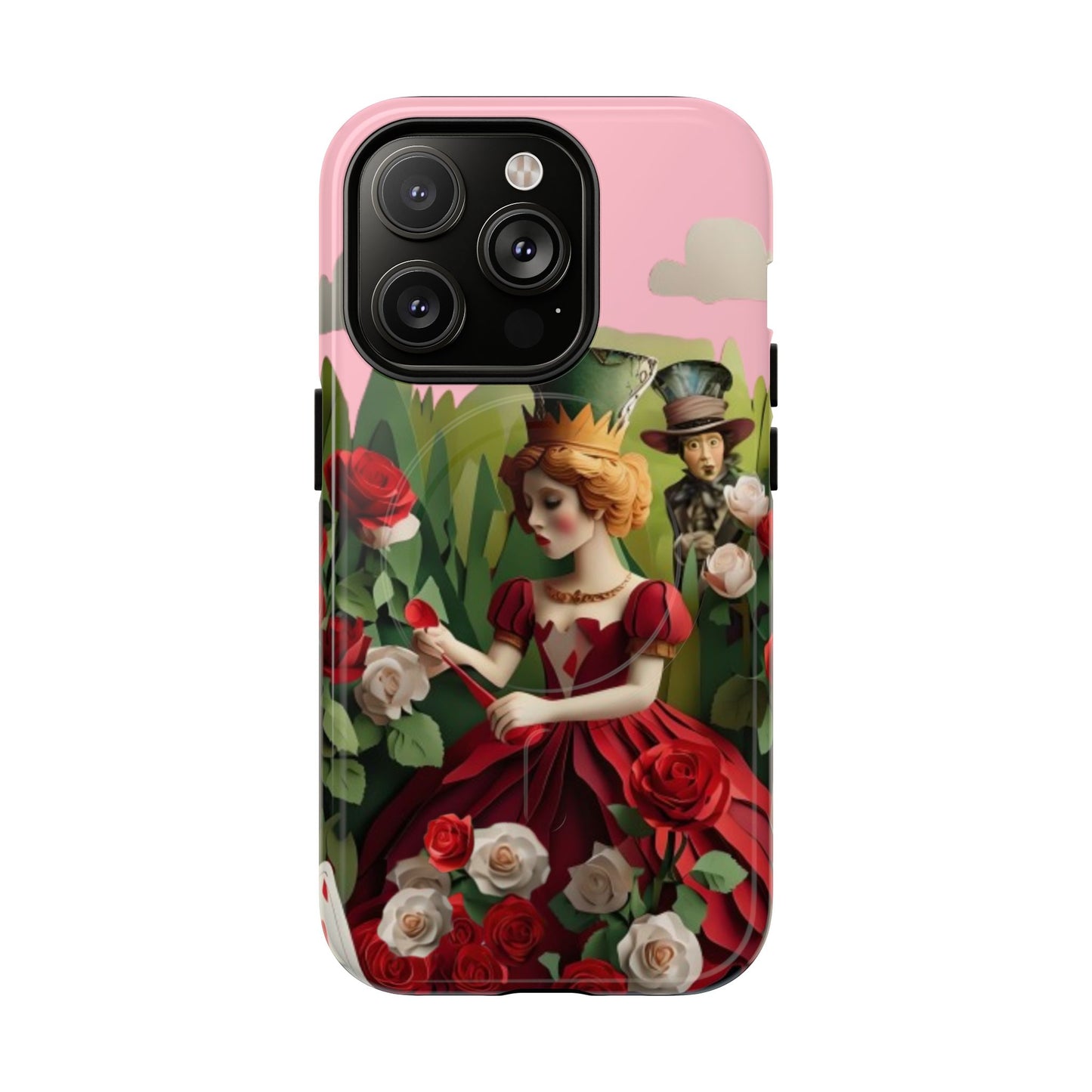 Regal Rose Court iPhone 14 Pro MagSafe case featuring a queen in a red rose garden with whimsical storybook fantasy elements.