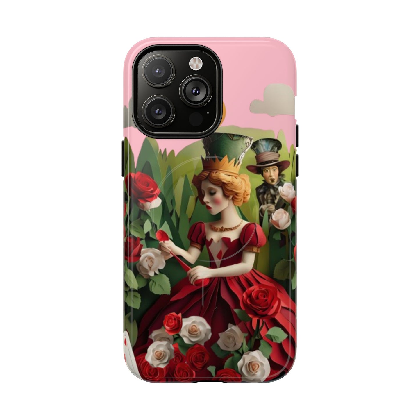 Regal Rose Court iPhone 14 Pro Max MagSafe case featuring a queen in a red rose garden with whimsical storybook fantasy elements.