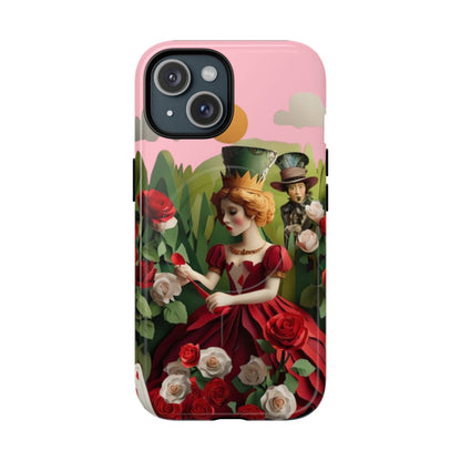 Regal Rose Court iPhone 15 MagSafe case featuring a queen in a red rose garden with whimsical storybook fantasy elements.