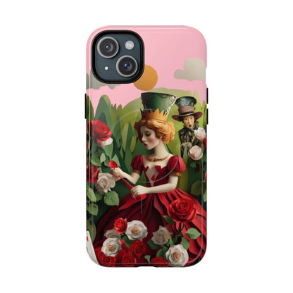 Regal Rose Court iPhone 15 Plus MagSafe case featuring a queen in a red rose garden with whimsical storybook fantasy elements.