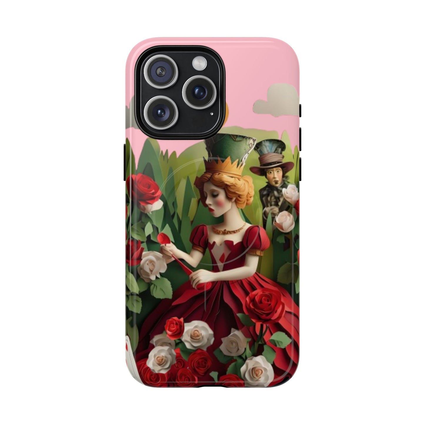 Regal Rose Court iPhone 15 Pro Max MagSafe case featuring a queen in a red rose garden with whimsical storybook fantasy elements.