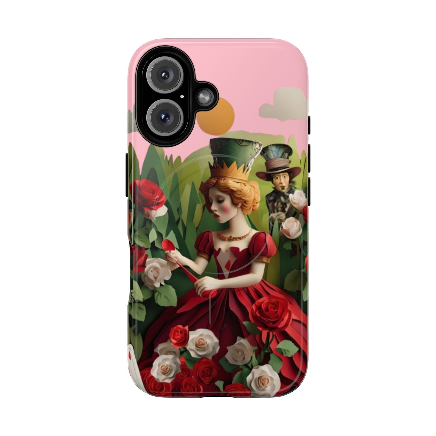 Regal Rose Court iPhone 16 MagSafe case featuring a queen in a red rose garden with whimsical storybook fantasy elements.