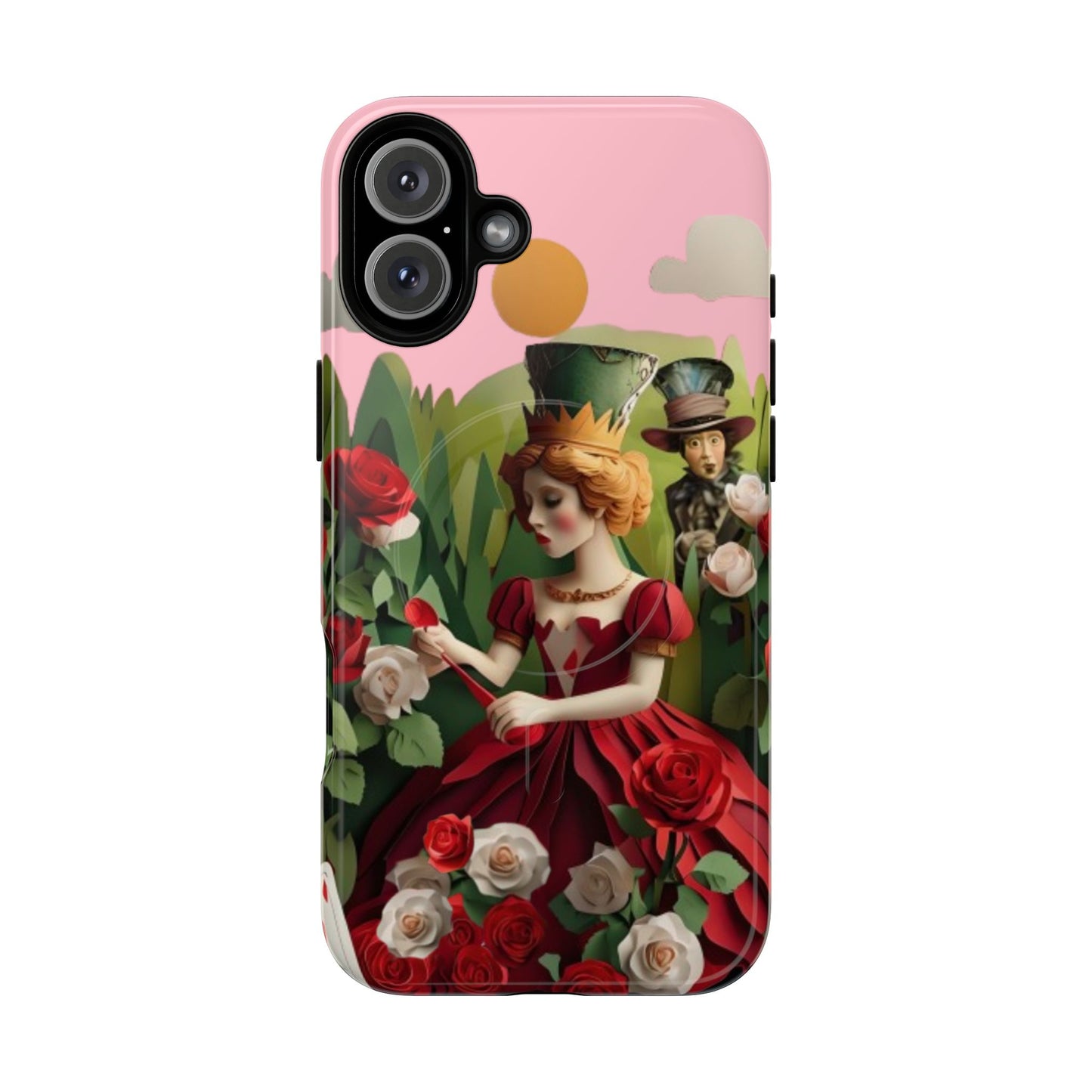 Regal Rose Court iPhone 16 Plus MagSafe case featuring a queen in a red rose garden with whimsical storybook fantasy elements.
