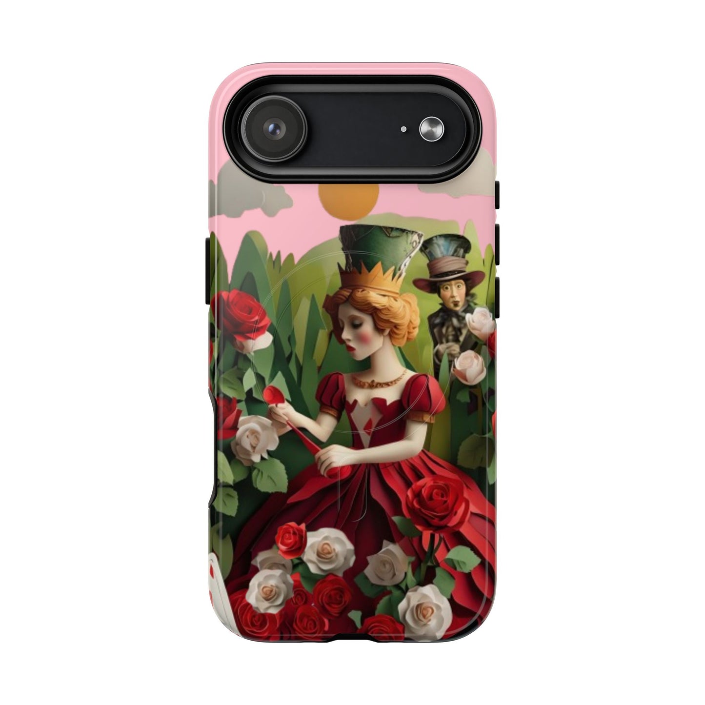 Regal Rose Court iPhone 17 Air MagSafe case featuring a queen in a red rose garden with whimsical storybook fantasy elements.