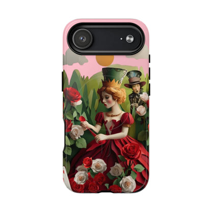 Regal Rose Court iPhone 17 Air MagSafe case featuring a queen in a red rose garden with whimsical storybook fantasy elements.