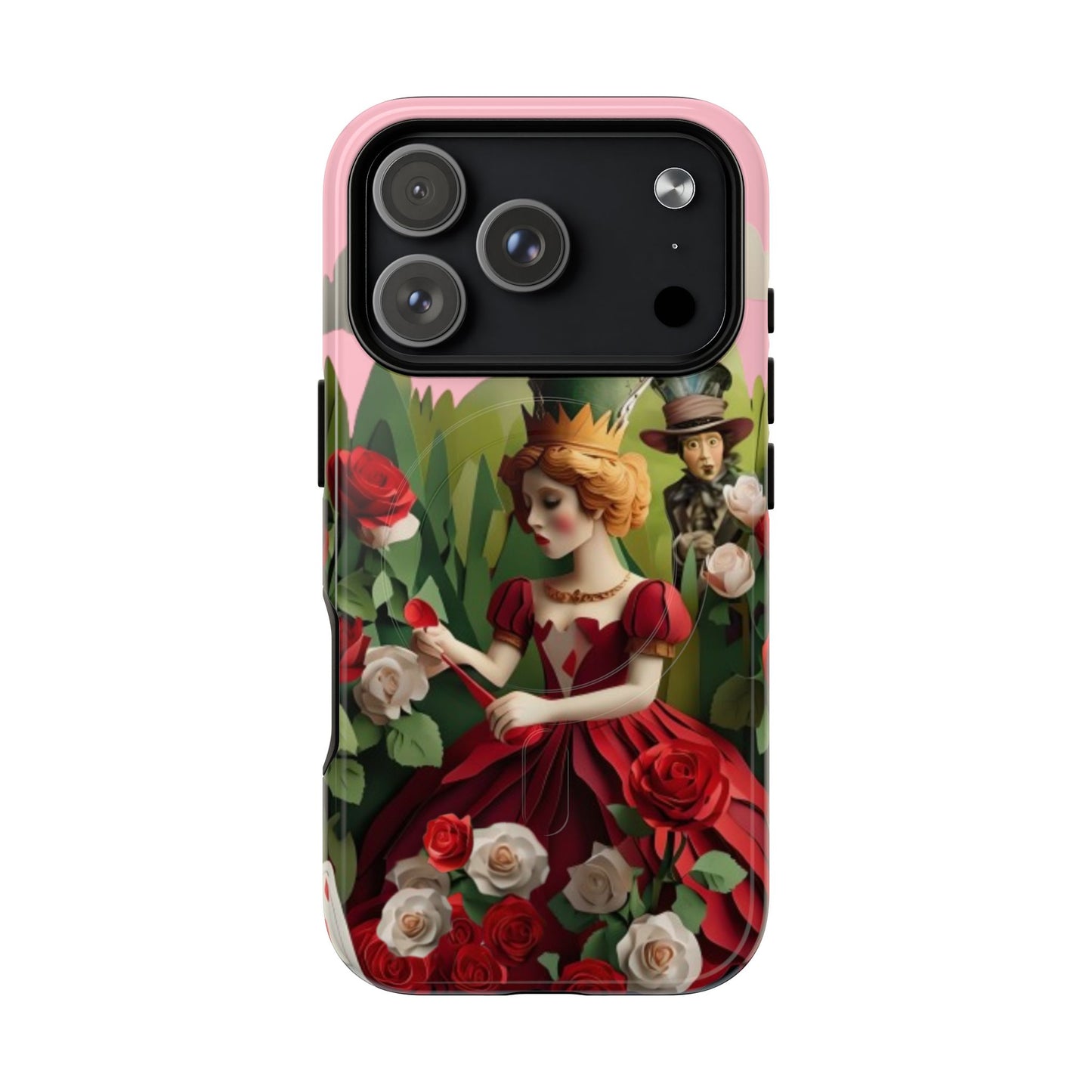 Regal Rose Court iPhone 17 Pro MagSafe case featuring a queen in a red rose garden with whimsical storybook fantasy elements.