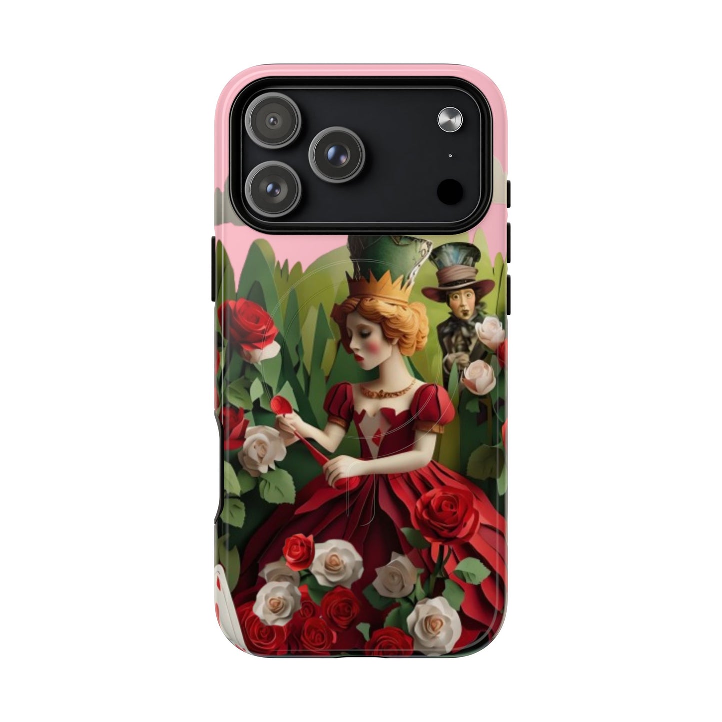 Regal Rose Court iPhone 17 Pro Max MagSafe case featuring a queen in a red rose garden with whimsical storybook fantasy elements.