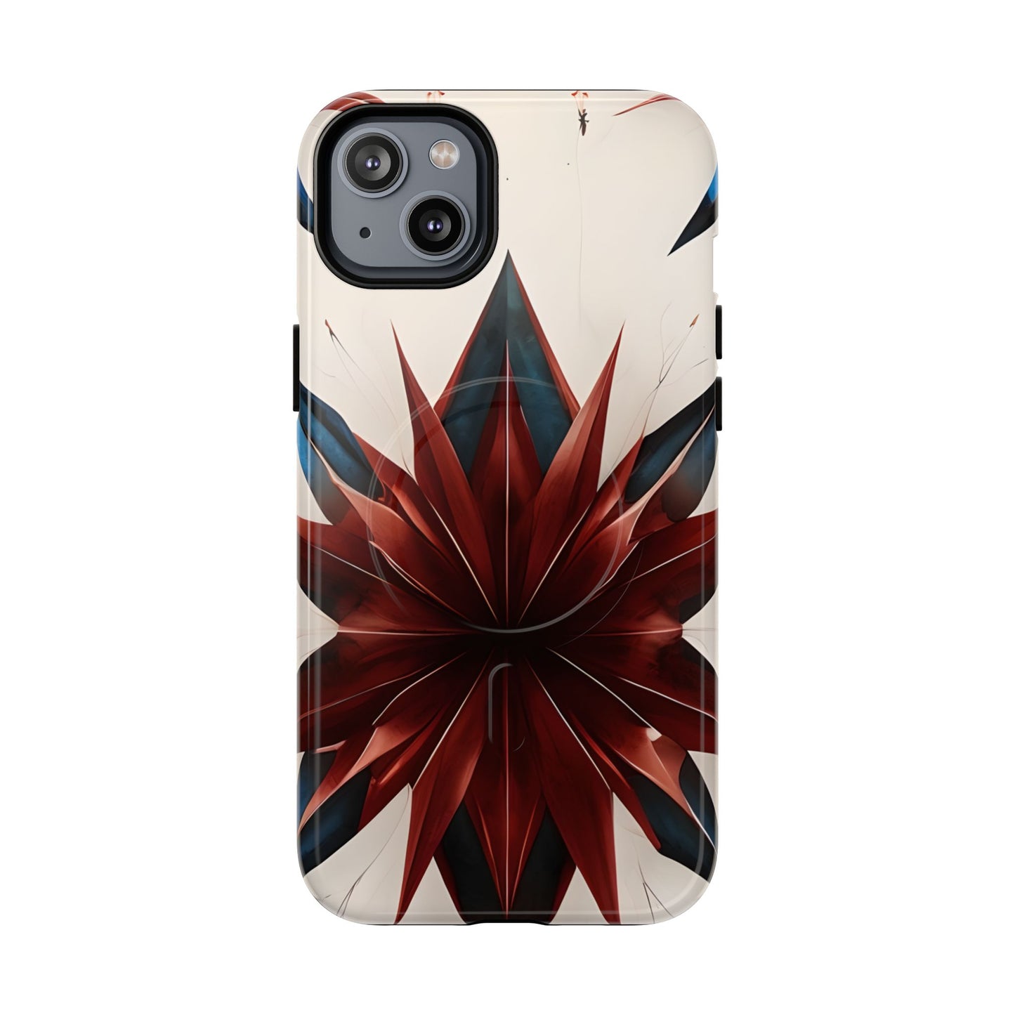 Garnet Starburst iPhone 14 Plus MagSafe case featuring a bold red geometric starburst pattern with sharp symmetrical lines on a light background.