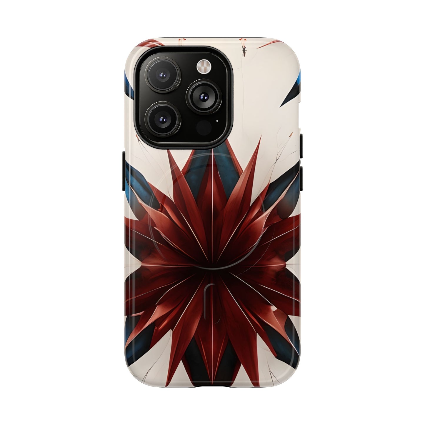Garnet Starburst iPhone 14 Pro MagSafe case featuring a bold red geometric starburst pattern with sharp symmetrical lines on a light background.