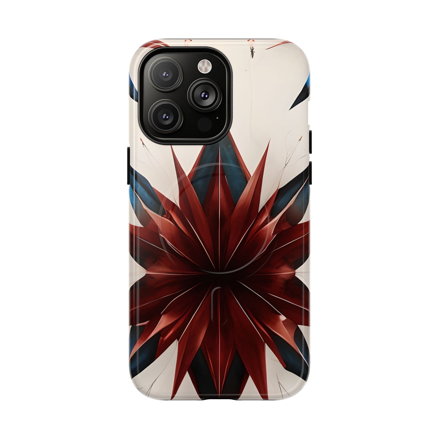 Garnet Starburst iPhone 14 Pro Max MagSafe case featuring a bold red geometric starburst pattern with sharp symmetrical lines on a light background.