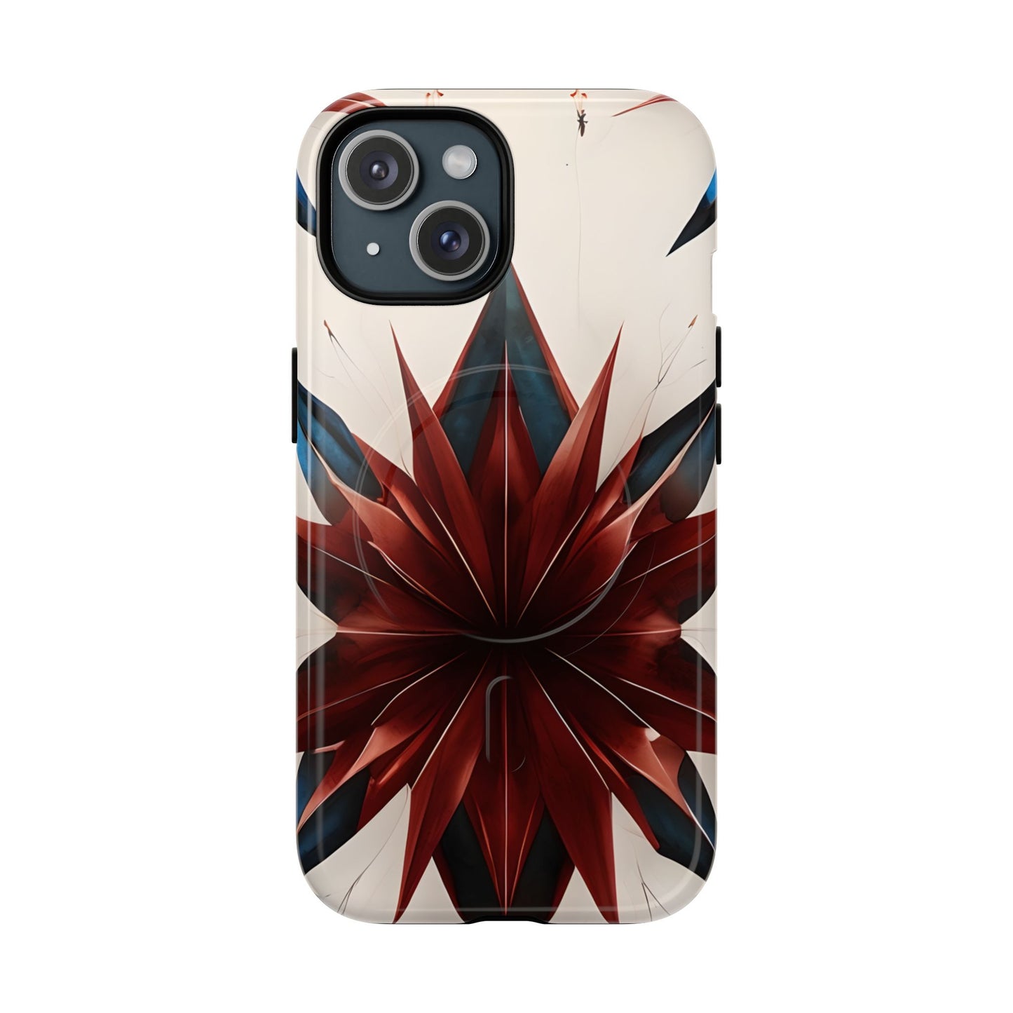 Garnet Starburst iPhone 15 MagSafe case featuring a bold red geometric starburst pattern with sharp symmetrical lines on a light background.