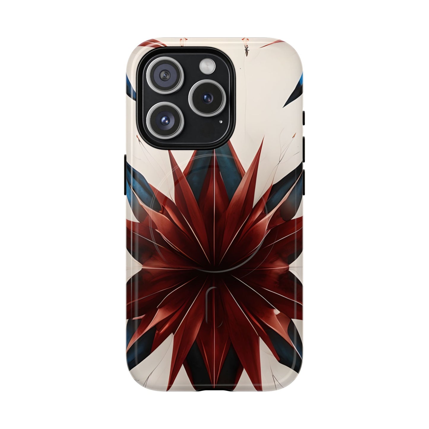 Garnet Starburst iPhone 15 Pro MagSafe case featuring a bold red geometric starburst pattern with sharp symmetrical lines on a light background.