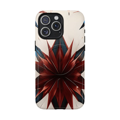Garnet Starburst iPhone 15 Pro Max MagSafe case featuring a bold red geometric starburst pattern with sharp symmetrical lines on a light background.