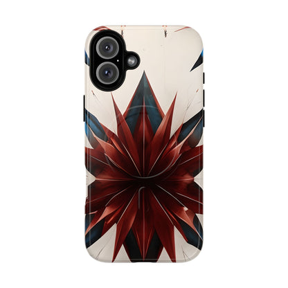Garnet Starburst iPhone 16 Plus MagSafe case featuring a bold red geometric starburst pattern with sharp symmetrical lines on a light background.